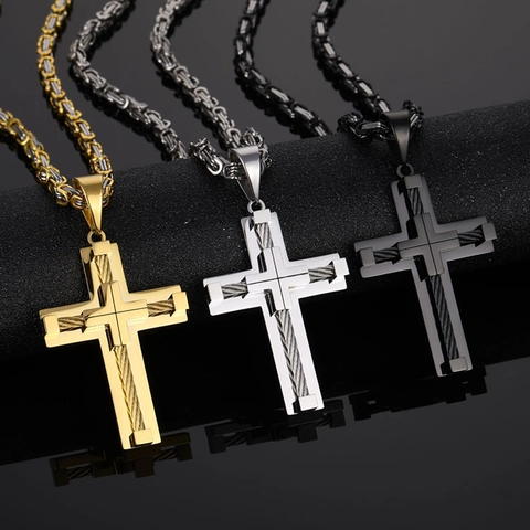 Kruis Hanger Ketting Roestvrij Staal Byzantijnse Ketting Kabel Inleg Punk Stijl Heren Sieraden Mode Accessoires