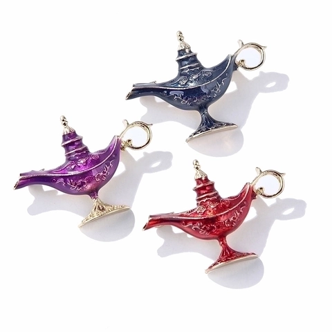 Aladdin Magic Lamp Enamel Brooch Pin Alloy Gold Plated Vintage Retro Exotic Style Jewelry Gift For Women Men