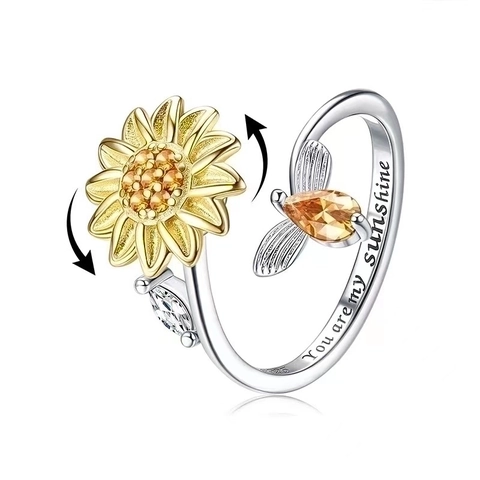Sonnenblume Biene Drehring 925 Sterlingsilber Zirkonia Verstellbar Offenes Band Graviert Drehbar Schmuck Damen