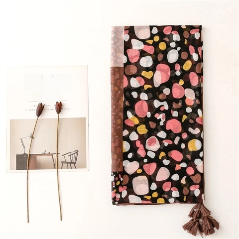 Fashion Shawl Scarf With Colored Dots Mosaic Geometric Pattern Tassels Lightweight Polyester Bali Yarn For Women
