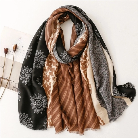 Bohemian Patchwork Floral Print Scarf Satin Polyester Soft Tassel Shawl Elegant Warm Wraps For Women