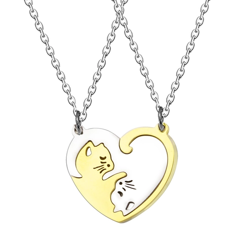 Heart Shaped Cat Puzzle Necklace And Keychain Stainless Steel Yin Yang Matching Jewelry For Couples Friends Unique Gift