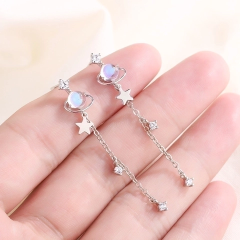 Boucles D'Oreilles Longues À Pampilles Planète Et Étoile Cuivre Perle Style Pierre De Lune Zirconium Bijoux Romantiques