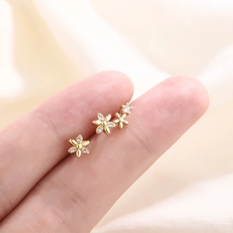 Asymmetric Flower Stud Earrings Crafted In Copper With Sparkling Zircon Elegant French Style Floral Jewelry Gift For Women
