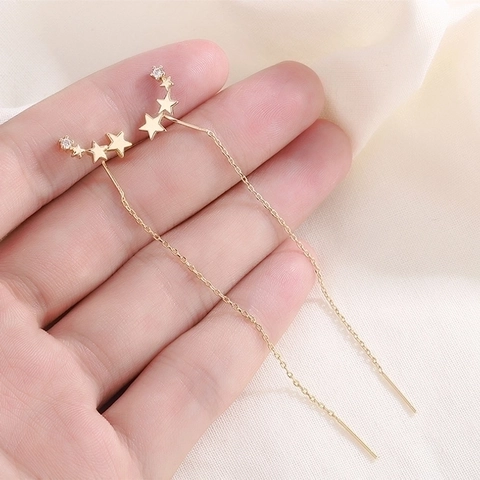 Copper Zircon Star Tassel Ear Threader Earrings Elegant Long Dangle For Women With 925 Sterling Silver Earring Post