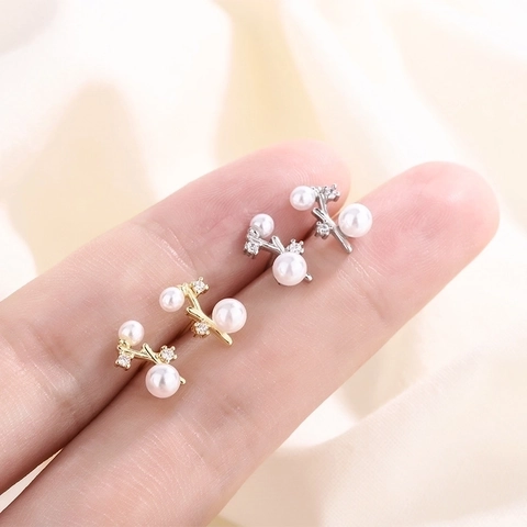 Branch Artificial Pearl Ear Studs Copper Zircon Earrings Elegant Simple Nature Design For Women Fashion Jewelry