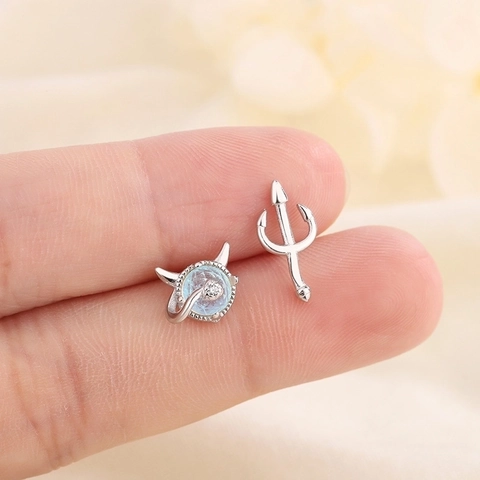 Asymmetric Little Devil Trident Stud Earrings With Copper Alloy Moonstone And Silver Earring Post For Women