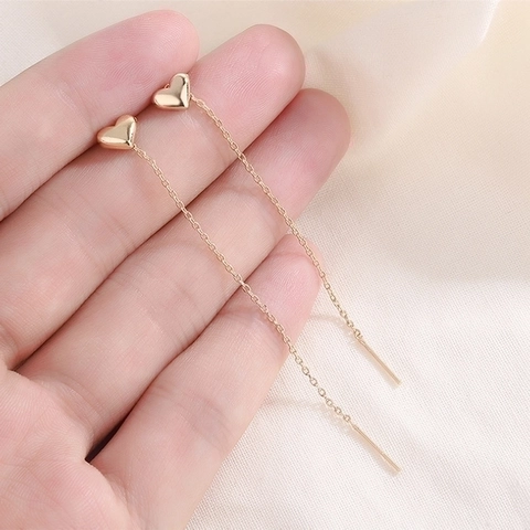 Orecchini A Filo Cuore Rame Catena Lunga Nappa Pendenti Eleganti Gioielli Minimalisti Donna Finitura Lucida