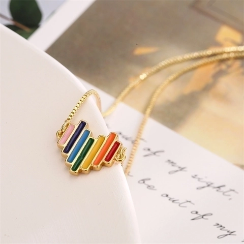 Rainbow Heart Necklace For Women Colorful Enamel Gold Plated Copper Box Chain Sweet Minimalist Clavicle Jewelry Gift
