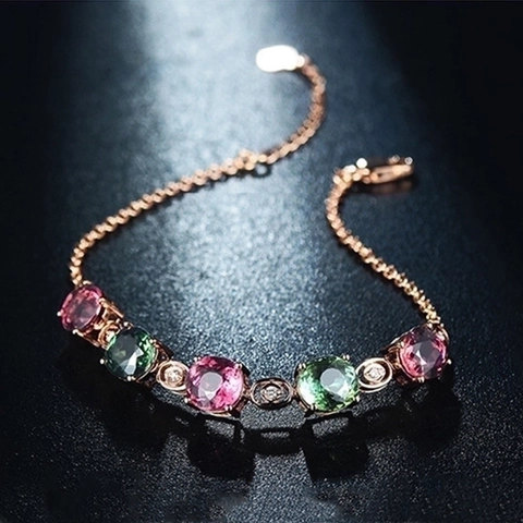Elegant Multicolor Crystal Bracelet 925 Sterling Silver Rose Gold Plated Round Cut Colorful Gemstones For Women Adjustable