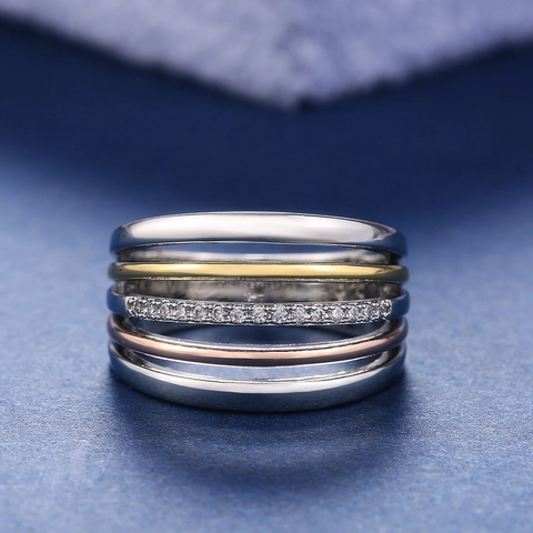 Fashion Multi Layer Stacking Ring Tri Color Plated Copper Cubic Zirconia Geometric Trendy Finger Jewelry For Women