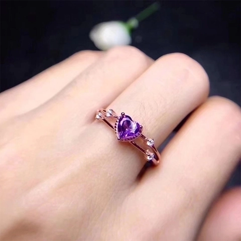 Heart Shape Purple Zircon Ring Rose Gold Plated Copper Double Row Band Adjustable Open Finger Rings For Women