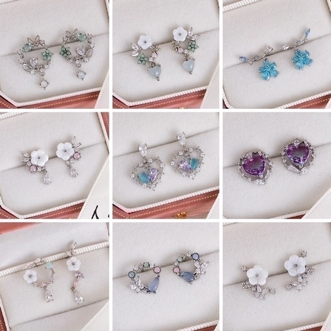 Pendientes Elegantes Flor Corazón Estrella Luna Micro Incrustado Zircón Cobre Pétalo Concha Dulce Romántico Joyería Mujeres