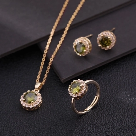 Copper Gold Plated Round Zircon Necklace Ring Earrings Elegant Luxury Delicate For Women