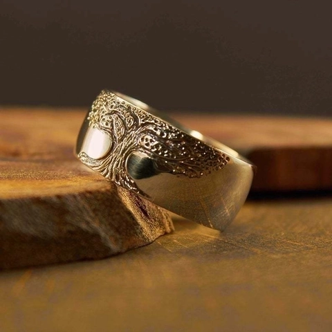 Anillo Ancho De Aleación Tallado Árbol De La Vida Vintage Para Mujer Joyería Estilo Retro Simple Regalo