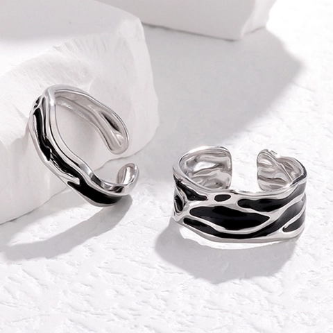 Anillos De Pareja De Esmalte De Acero Inoxidable Diseño Fluido Irregular Anillo Abierto Ajustable Joyería Minimalista