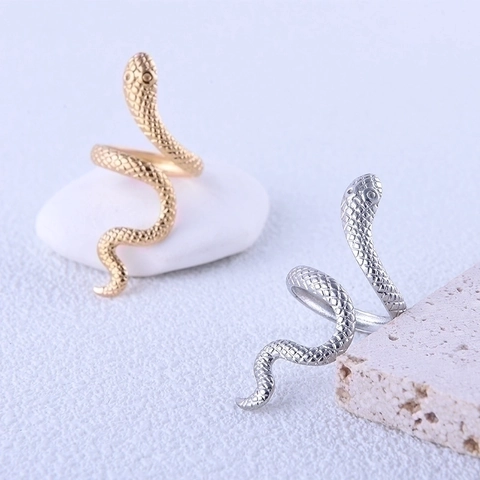 Stainless Steel Snake Ring Adjustable Open Finger Band Cobra Animal Embossed Texture Punk Jewelry For Men Women