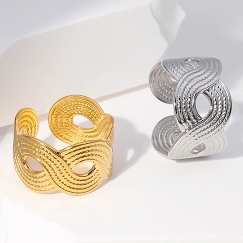 Stainless Steel Open Ring Hollow Wave Texture Intertwined Adjustable Band Minimalist Jewelry For Men Women