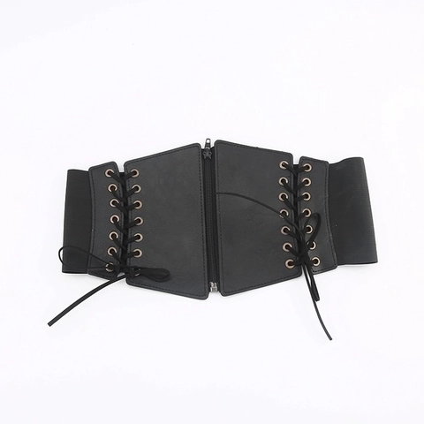 Cintura Corsetto Larga Da Donna Pelle PU Vita Elastica Gotico Stringata Cerniera Anteriore Stile Punk Vintage