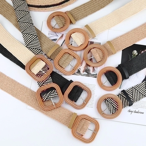 Women Woven Straw Belt Bohemian Elastic Waist Strap With Round Square Resin Wood Texture Buckle Vacation Dress Accessory