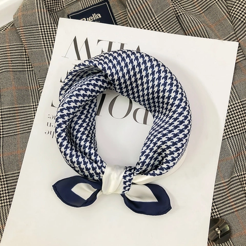 Foulard Carré à Motifs Pied-de-Poule pour Femmes en Satin de Polyester Écharpe Professionnelle Légère Décorative Style Soie Serre-Tête