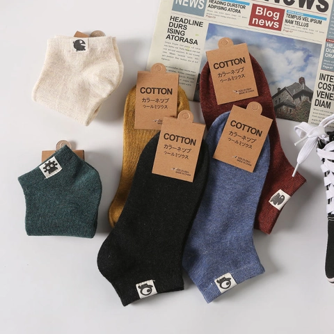 Men Boat Socks Cotton Wool Blend Low Cut No Show Casual Invisible With Cartoon Patch Anti Slip Solid Color