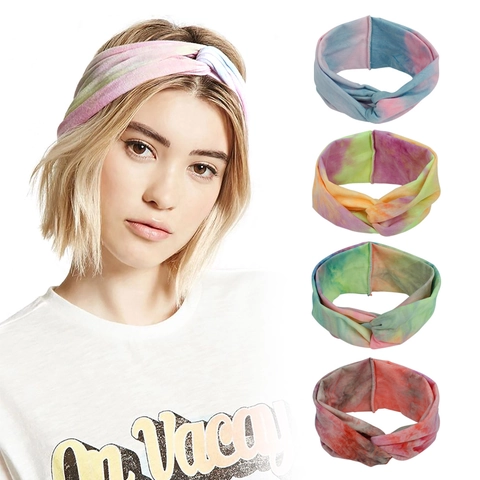 Bohemian Tie Dye Cross Knot Headband Elastic Wide Rayon Fabric Hair Band For Women Vintage Sport Yoga