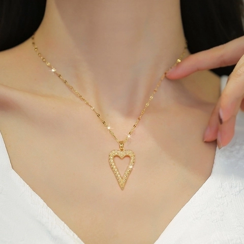 Edelstahl Halskette Mit Hohlherz Anhänger Vergoldet Zirkonia Mikroeinlage Eleganter Schmuck Für Damen