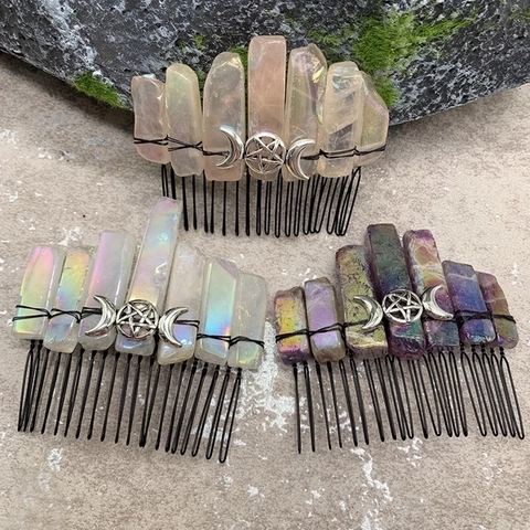 Pettine Per Capelli In Cristallo Naturale Tripla Luna Pentagramma Pietra Grezza Artigianale Boho Wicca Mistico Accessorio