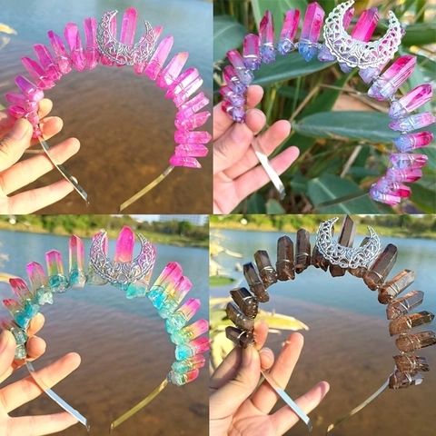 Handmade Raw Crystal Quartz Crown Headband With Crescent Moon Gothic Witchy Boho Party Hair Tiara For Women