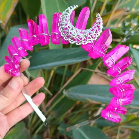 Handmade Raw Crystal Quartz Crown Headband With Crescent Moon Gothic Witchy Boho Party Hair Tiara For Women