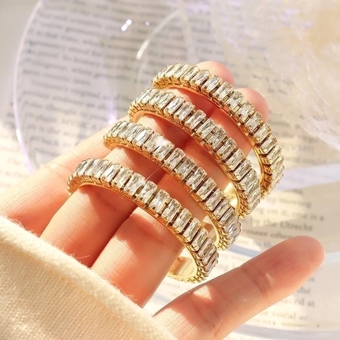 C-Shaped Earrings Titanium Steel 18K Gold Plated Rectangle Zircon Inlaid French Ins Style Vintage Luxury Jewelry For Women