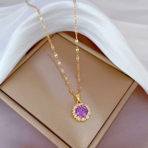 Collar Colgante Circonita Redonda Púrpura Acero Inoxidable Chapado Oro Cadena Onda Joyería Elegante Mujer