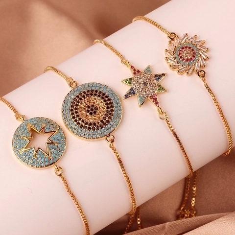 Gold Plated Copper Evil Eye Bracelet For Women Multicolor Rhinestone Star Snake Head Adjustable Chain Jewelry Gift