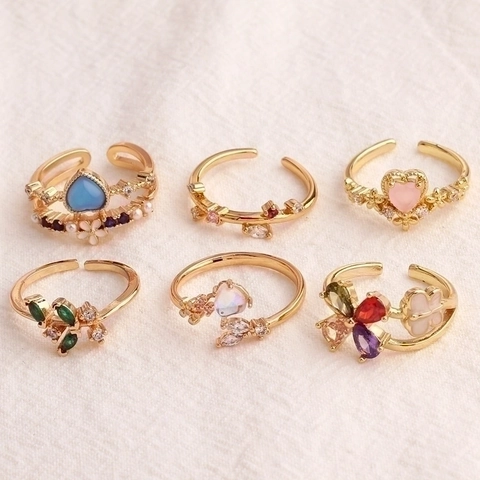 Anello Aperto Regolabile Rame Placcato Oro Zircone Colorato Design Cuore Fiore Farfalla Stile Dolce Per Donne