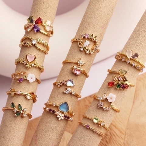 Anello Aperto Regolabile Rame Placcato Oro Zircone Colorato Design Cuore Fiore Farfalla Stile Dolce Per Donne