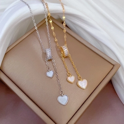 Hart Hanger Y Ketting Roestvrijstalen Ketting Koper Zirkoon Schelp Kwastje Verstelbaar Elegant Voor Dames Sieraden
