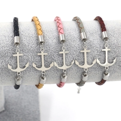 Anchor Bracelet Genuine Cowhide Leather Braided Rope Stainless Steel Adjustable Nautical Punk Jewelry Men Women