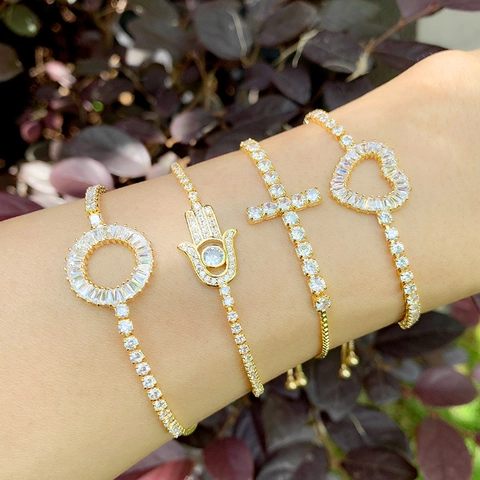 Bracciale In Rame Regolabile Da Donna Placcato Oro Zirconia Cuore Croce Hamsa Ciondolo Gioielli Di Moda Fascino