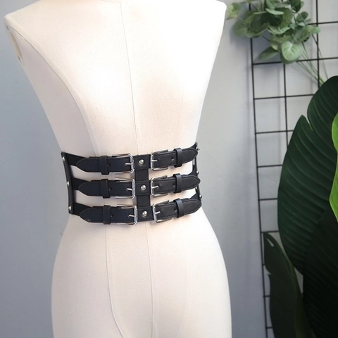 Women Punk Goth Corset Belt PU Leather Elastic Triple Buckle Waist Cincher Rivet Wide Black Fashion Waistband Accessory