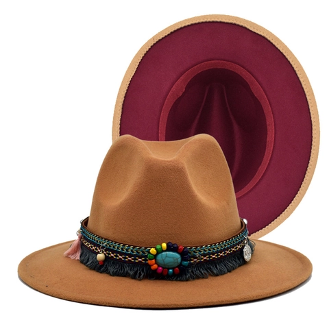 Cappello Fedora In Feltro Di Lana Tesa Larga Fascia Decorativa Etnica Bohémien Nappa Turchese Cappello Jazz Uomo Donna