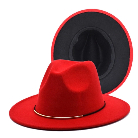 Cappello Fedora Bicolore Feltro Di Lana Tesa Larga Piatta Stile Jazz Retro Con Barra Di Metallo Dorato Accessorio Unisex