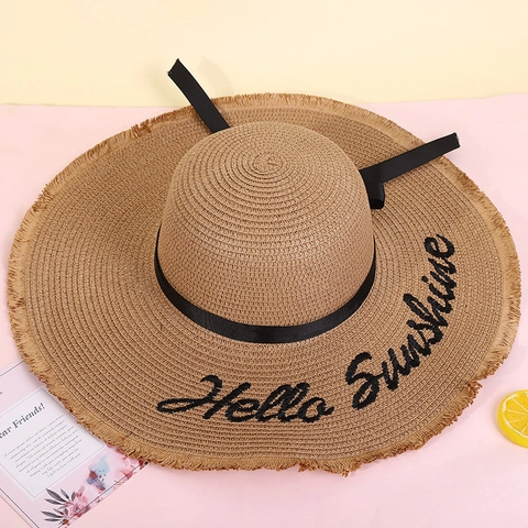 Cappello Da Sole In Paglia A Tesa Larga Da Donna Con Ricamo Hello Sunshine E Nastro Con Fiocco Per La Spiaggia