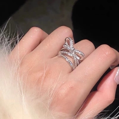 3D Bowknot Copper Open Adjustable Ring For Women Silver Color Pave Rhinestone Trendy Elegant Fashion Jewelry Finger Ring Gift