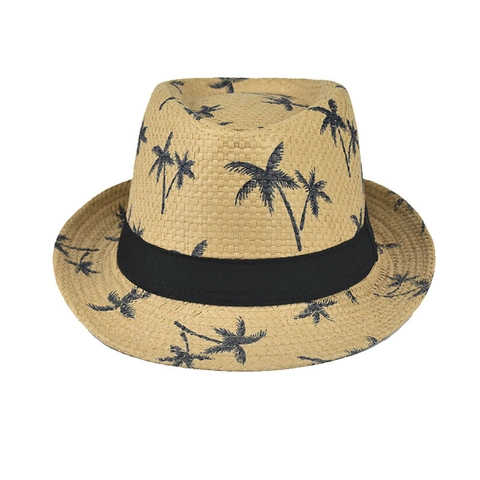 Cappello Fedora In Paglia Con Stampa Palme Nastro Nero Traspirante Protezione Solare Vacanze Spiaggia Tropicale Unisex