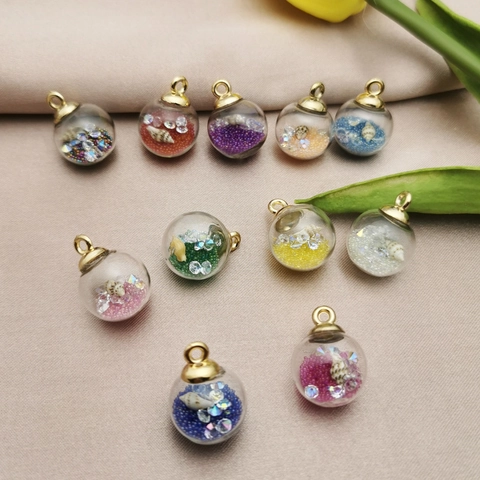 Glass Ball Pendant DIY Jewelry Alloy Colorful Beads Mini Shell Rhinestone Charm Necklace Earring Making Ocean Style