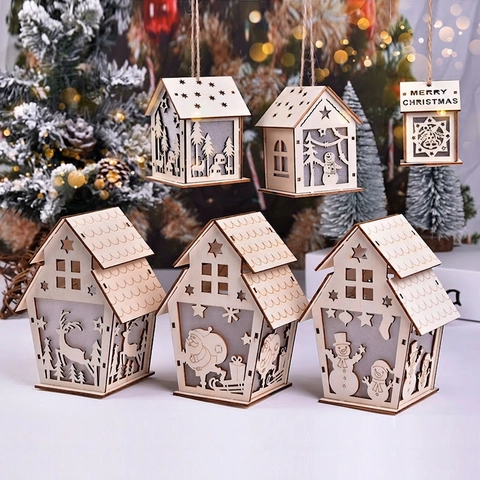 Casetta Legno Luminosa Natale Taglio Laser Luce LED Ornamento Appeso Festivo Cabina DIY Decorazione Tavolo Pupazzo Di Neve