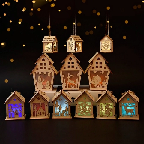 Casetta Legno Luminosa Natale Taglio Laser Luce LED Ornamento Appeso Festivo Cabina DIY Decorazione Tavolo Pupazzo Di Neve