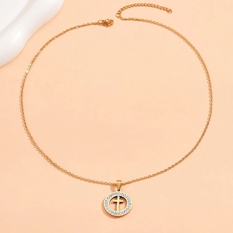 Collier Pendentif Croix Ronde Avec Chaîne En Acier Inoxydable Alliage Strass Charme Circulaire Bijoux De Mode Religieux Pour Femmes