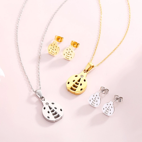 Collana E Orecchini Coccinella Gioielli In Acciaio Inossidabile Svuotato Strass Accessorio Di Moda Per Donne Ragazze